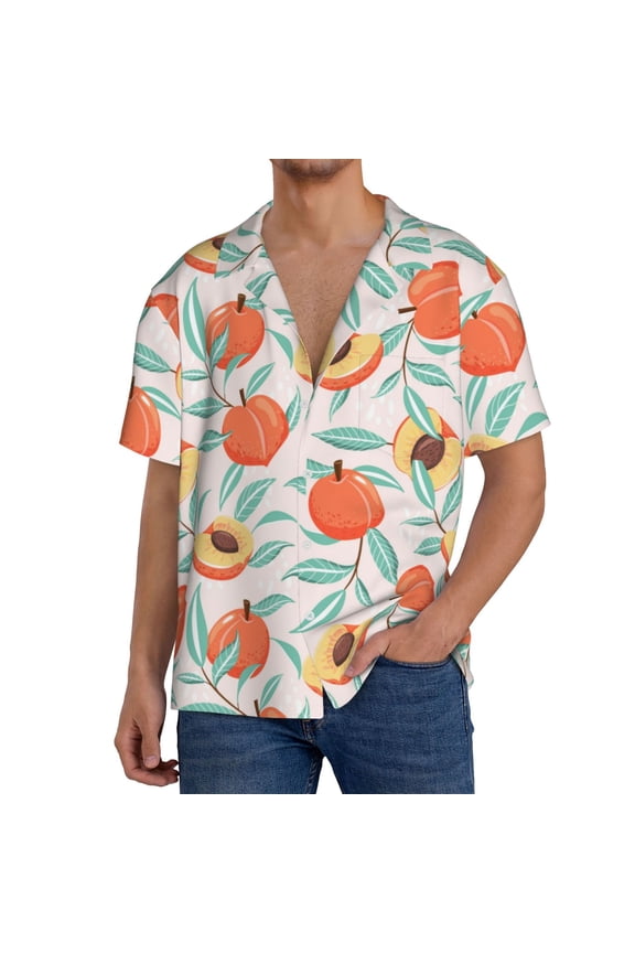 Peach Print Men's Button Down Shirts Short Sleeve, Summer Beach Shirts,Vacation Wedding Shirts,Men's Casual Button-Down Shirts with Pocket-Small