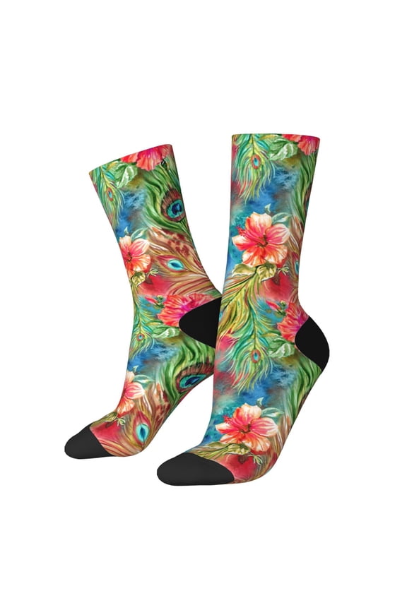 Peacock Feathers And Flowers Print Adult Socks for Men & Women,Calf Socks, Ankle Socks,Boots Socks,Breathable Casual Sock,Unisex Crew Socks