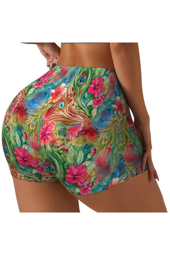 Peacock Feathers And Flowers Print Women's Biker Shorts,Workout Gym Shorts,Scrunch Shorts,Tummy Control Hidden Scrunch Running Yoga Shorts-X-Large