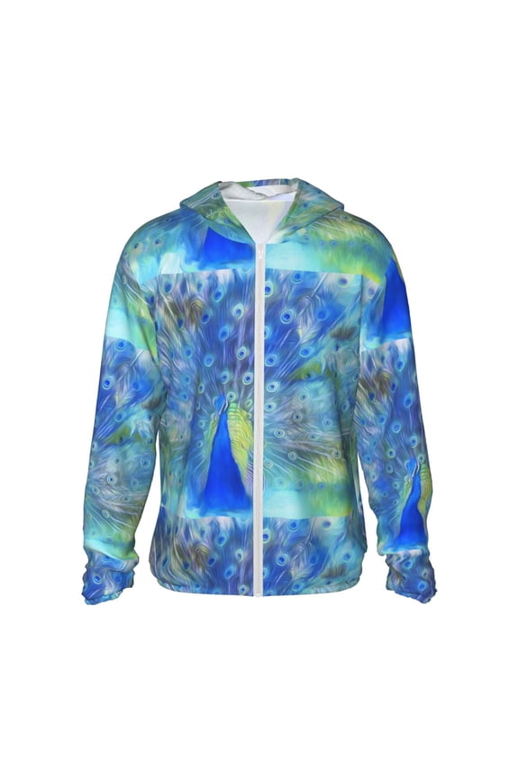 Peacock Print Men's Women Light Jacket Full Zip Sun Protection Hoodie Long Sleeve Sun Shirts for Men Hiking Fishing Zip Pockets-Large