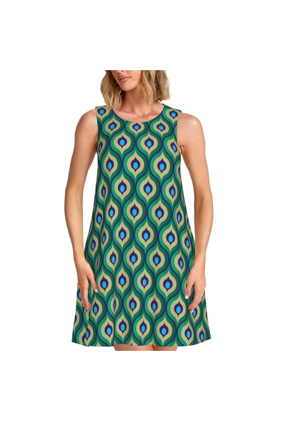 Peacock'S Tail Print Summer Dresses for Women,Beach Sleeveless Flowy Pocket Tshirt Tank Sundresses,Women's Sleeveless Dress