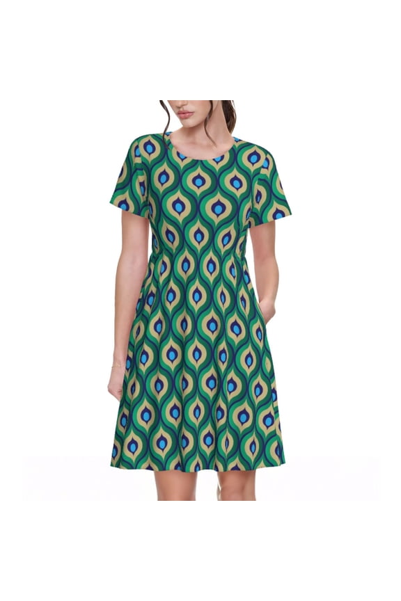Peacock'S Tail Print Womens Summer Dress,Casual Short Sleeve Sundresses,Beach A-line Shift Dress with Pockets
