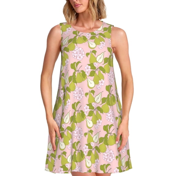 Logiee Pears And Flower Print Summer Dresses for Women,Beach Sleeveless Flowy Pocket Tshirt Tank Sundresses,Women's Sleeveless Dress
