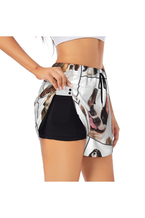 Pedigree dogs collage Print Women 2 in 1 Running Shorts,High Waisted Athletic Shorts,Gym Workout Shorts with Liner Pockets-Small