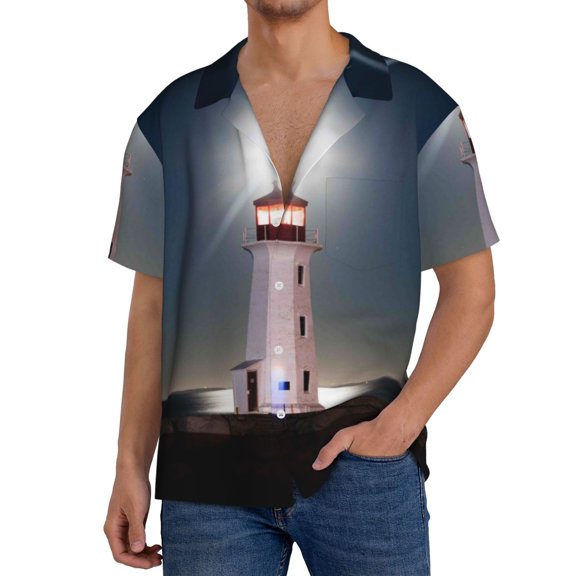 Logiee Peggy's Cove Lighthouse Print Men's Button Down Shirts Short Sleeve, Summer Beach Shirts,Vacation Wedding Shirts,Men's Casual Button-Down Shirts with Pocket-Large