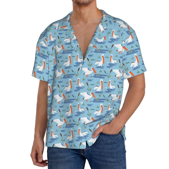 Logiee Pelican Reed And Fish Print Men's Button Down Shirts Short Sleeve, Summer Beach Shirts,Vacation Wedding Shirts,Men's Casual Button-Down Shirts with Pocket-X-Large