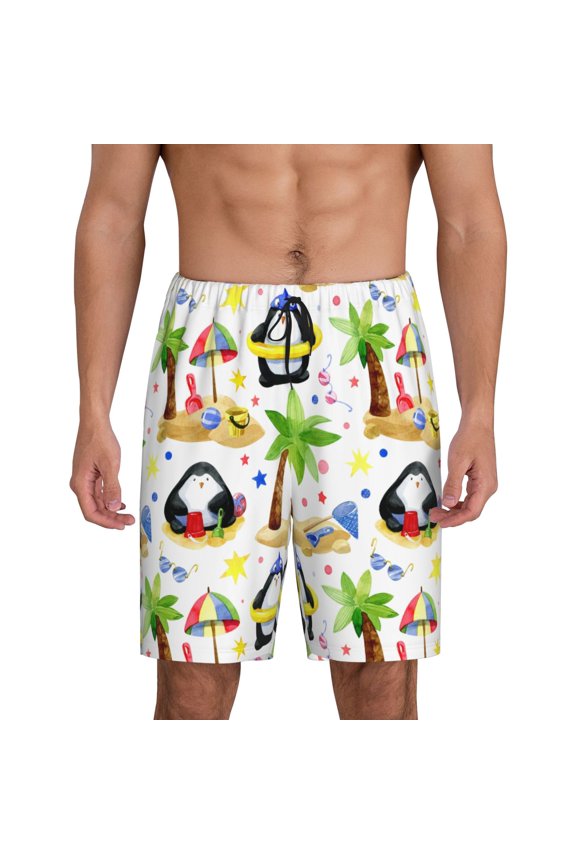 Penguins On The Beach Print Men's Pajama Shorts with Drawstring & Pockets,Sleep Shorts for Men,Sleepwear Bottoms,Elastic Waistband Loungewear-Large