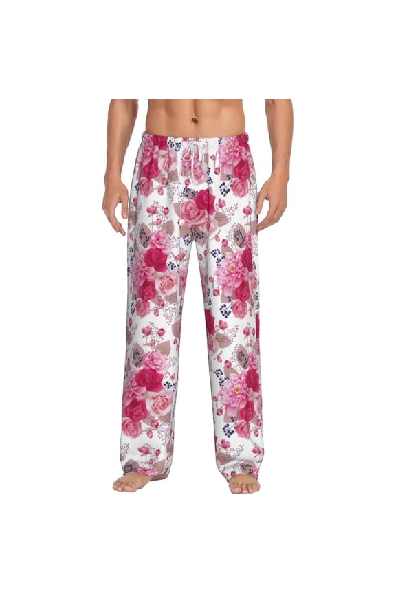 Peonies And Roses Print Pajama Pants for Men,Men’s Pajama Bottoms,Mens PJ Pants with Pockets & Button Fly-Medium