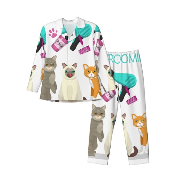 Logiee Pet Care Grooming Print Mens Long Sleeve Pajama Set,Notched Collar Pajamas for Men, Men's Sleepwear,Mens Sleepwear with Pockets & Button Down-XX-Large