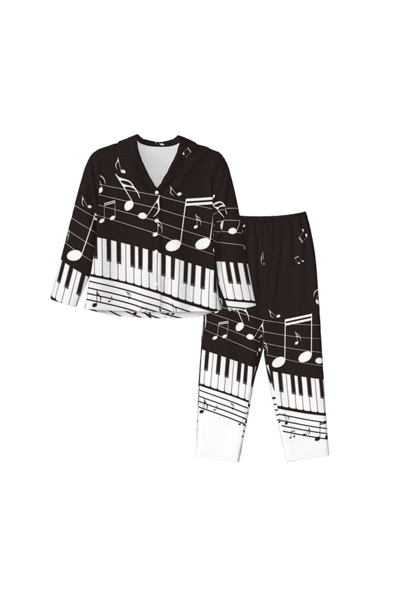 Piano Keys With Musical Notes Print Womens Pajamas Set,Long Sleeve Sleepwear,Button Down Lounge Set 2 Pieces,Soft Nightwear Pjs Set-