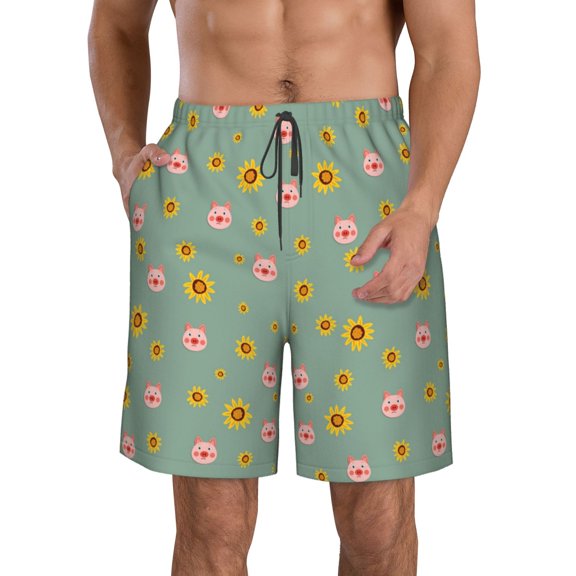 Logiee Pig Face With Sunflower Print Mens Swim Trunks Quick Dry Board Shorts,Breathable Hawaii Beach Shorts Swimwear Bathing Suits-Large
