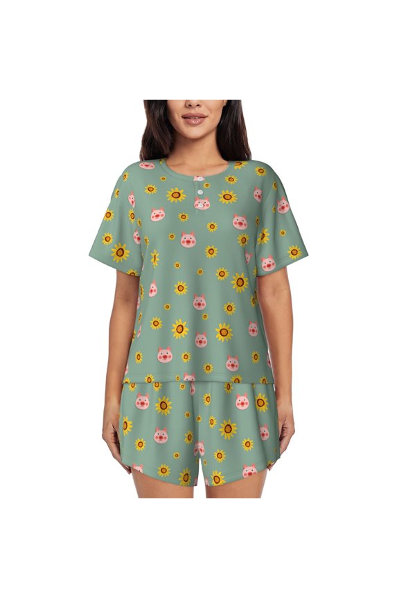 Pig Face With Sunflower Print Womens Pajamas Set,Short-Sleeve Pajama 2 Piece Sleepwear with Pockets-X-Large