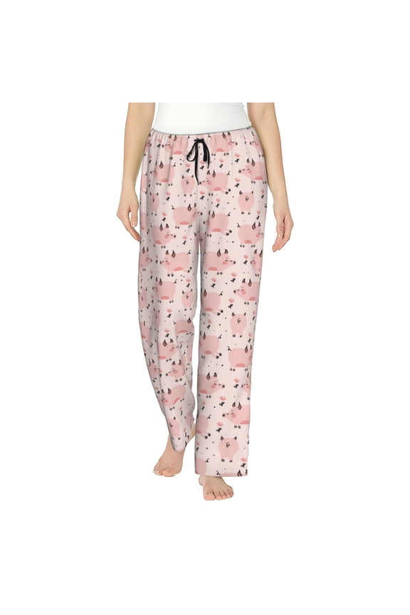 Pig Print Women Pajama Pants,Comfy Pj Bottom with Pockets & Drawstring,Stretch Casual Sleepwear-Small