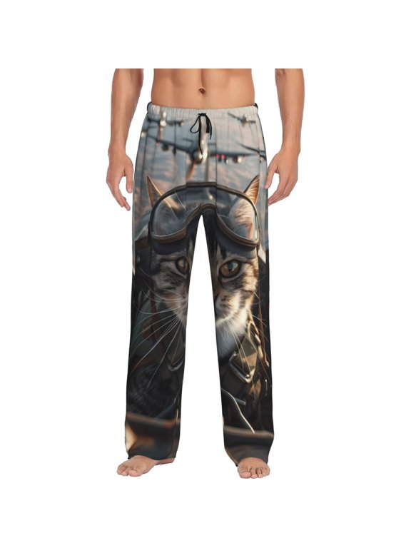 Pilot Cat In Vintage Plane Print Pajama Pants for Men,Men’s Pajama Bottoms,Mens PJ Pants with Pockets & Button Fly-Small