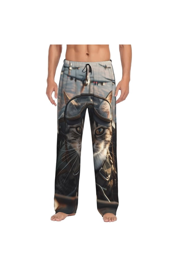 Pilot Cat In Vintage Plane Print Pajama Pants for Men,Men’s Pajama Bottoms,Mens PJ Pants with Pockets & Button Fly-X-Large