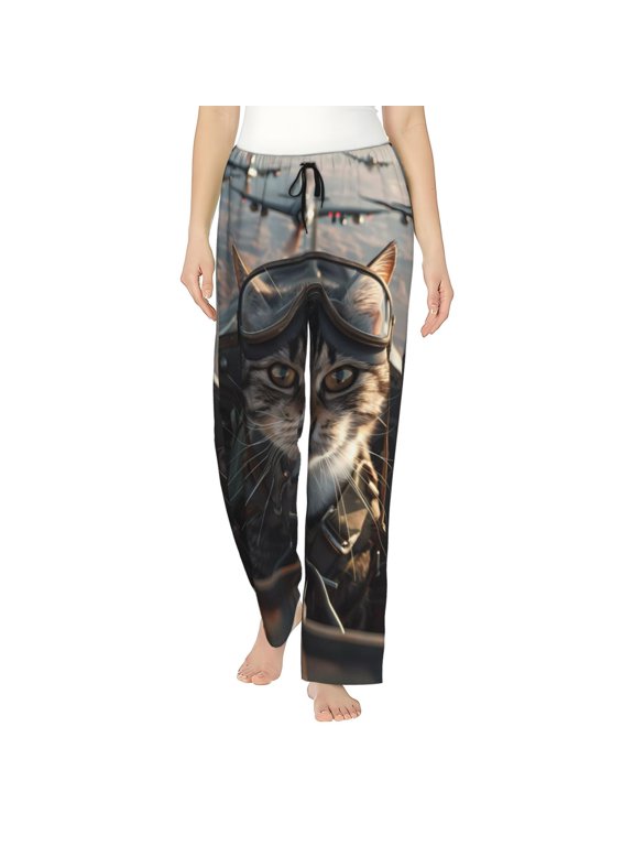 Pilot Cat In Vintage Plane Print Women Pajama Pants,Comfy Pj Bottom with Pockets & Drawstring,Stretch Casual Sleepwear-Medium