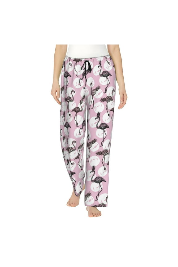 Pineapple Flamingo Print Women Pajama Pants,Comfy Pj Bottom with Pockets & Drawstring,Stretch Casual Sleepwear-Medium