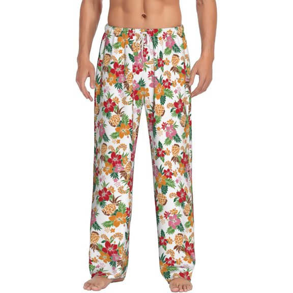 Logiee Pineapple Flower Print Pajama Pants for Men,Men’s Pajama Bottoms,Mens PJ Pants with Pockets & Button Fly-Large