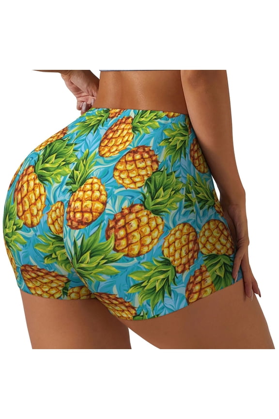 Pineapple Print Women's Biker Shorts,Workout Gym Shorts,Scrunch Shorts,Tummy Control Hidden Scrunch Running Yoga Shorts-Medium
