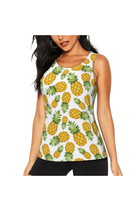 Pineapple Print Women's Workout Tank Top, Dry Fit Summer Tank Top,Gym Yoga Workout Sports Tee,Sleeveless Athletic Shirts-Large
