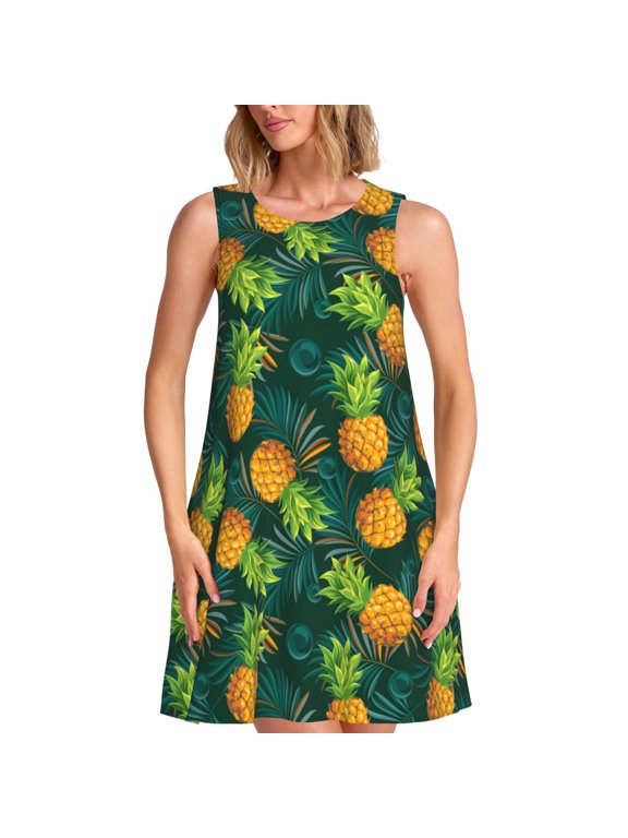 Pineapples with Palm Leaves Print Summer Dresses for Women,Beach Sleeveless Flowy Pocket Tshirt Tank Sundresses,Women's Sleeveless Dress