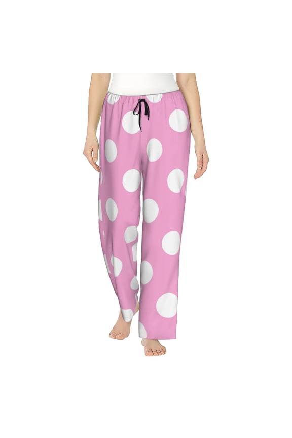 Pink And White Polka Dot Print Women Pajama Pants,Comfy Pj Bottom with Pockets & Drawstring,Stretch Casual Sleepwear-XX-Large