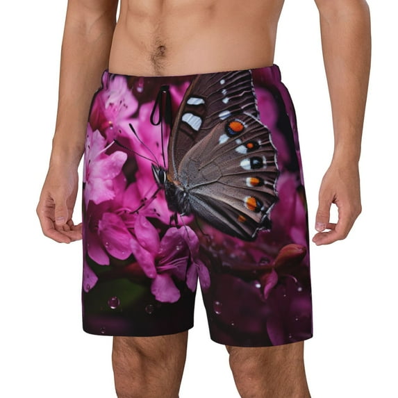 Logiee Pink Blossoms Butterfly Print Men's Swim Trunk,Quick Dry Board Shorts ,Men's Swim Trunks with Compression Liner, Bathing Suits with Pockets-3X-Large