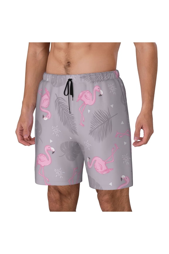 Pink Flamingo Print Men's Swim Trunk,Quick Dry Board Shorts ,Men's Swim Trunks with Compression Liner, Bathing Suits with Pockets-XX-Large