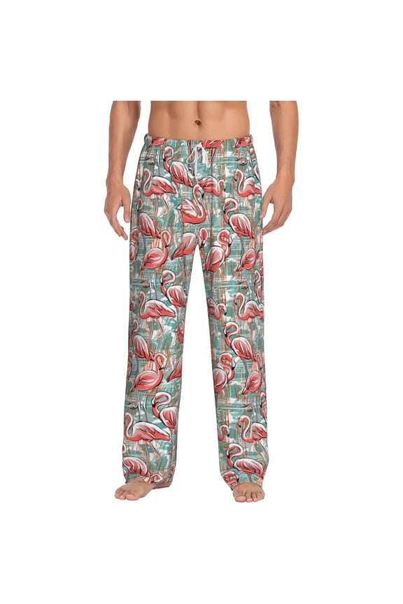 Pink Flamingo Print Pajama Pants for Men,Men’s Pajama Bottoms,Mens PJ Pants with Pockets & Button Fly-Large