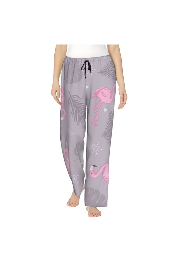 Pink Flamingo Print Women Pajama Pants,Comfy Pj Bottom with Pockets & Drawstring,Stretch Casual Sleepwear-Medium