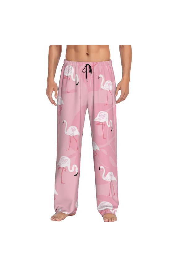 Pink Flamingos and Flowers Print Pajama Pants for Men,Men’s Pajama Bottoms,Mens PJ Pants with Pockets & Button Fly-Small