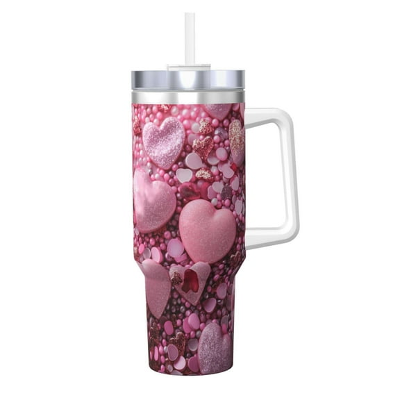 Logiee Pink Glitter Heart Candy Print 40OZ Ice Bully Cup with Handle and Straw, Double Wall Stainless Steel Tumbler,Travel Coffee Cup with Lid, Summer Insulation and Cooling Cup