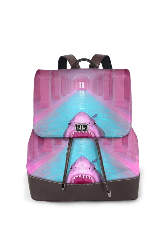 Logiee Pink Shark Pool Fantasy Print Backpack Purse for Women,Fashion Leather Backpack Purse,Women's Leather Backpack for Work College Travel