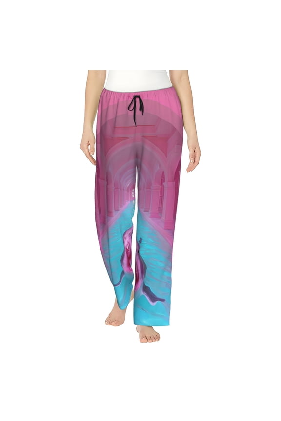Pink Shark Pool Fantasy Print Women Pajama Pants,Comfy Pj Bottom with Pockets & Drawstring,Stretch Casual Sleepwear-Large