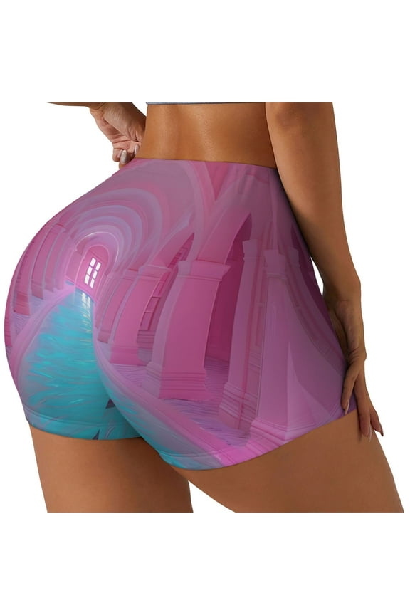 Pink Shark Pool Fantasy Print Women's Biker Shorts,Workout Gym Shorts,Scrunch Shorts,Tummy Control Hidden Scrunch Running Yoga Shorts-XX-Large