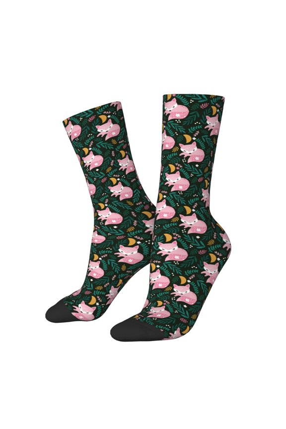 Pink Sleeping Fox Print Adult Socks for Men & Women,Calf Socks, Ankle Socks,Boots Socks,Breathable Casual Sock,Unisex Crew Socks