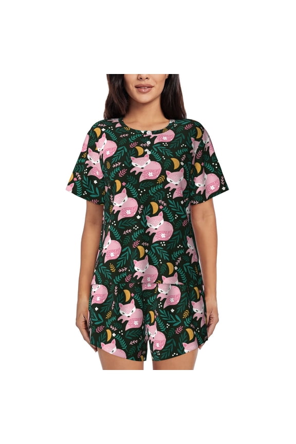 Pink Sleeping Fox Print Womens Pajamas Set,Short-Sleeve Pajama 2 Piece Sleepwear with Pockets-3X-Large