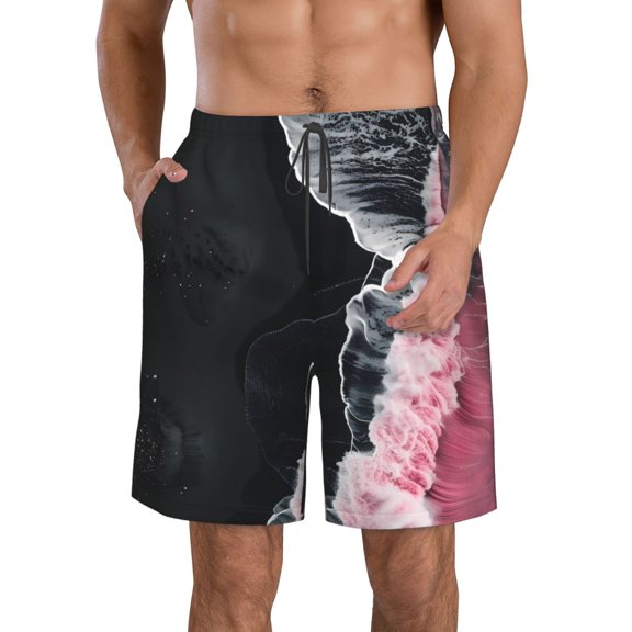 Logiee Pink White Ocean Waves Print Mens Swim Trunks Quick Dry Board Shorts,Breathable Hawaii Beach Shorts Swimwear Bathing Suits-3X-Large