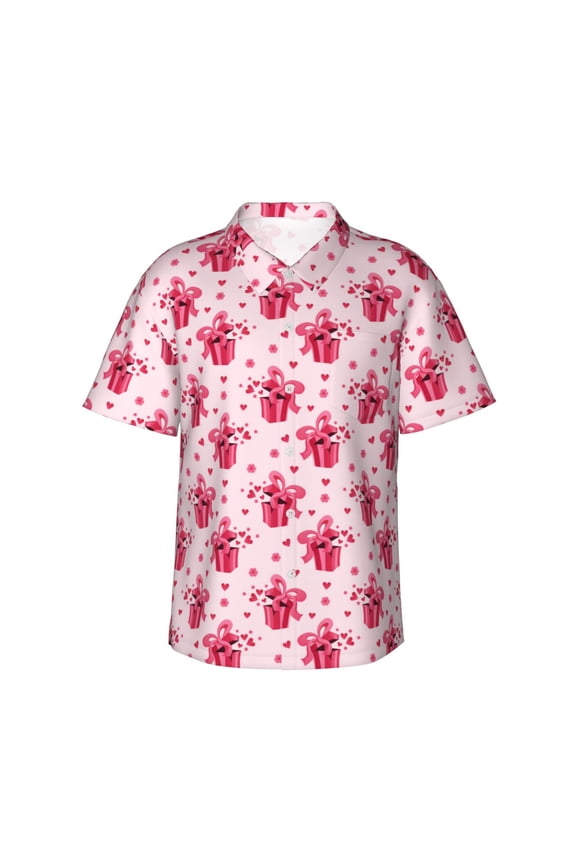 Pink gift with ribbon Print Mens Hawaiian Shirts,Loose-Fit Short Sleeve Button Down Tropical Aloha Beach Shirt,Summer Vacation Wedding Tops,Small