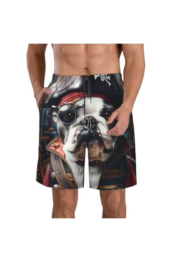 Pirate Bulldog On Deck Print Mens Swim Trunks Quick Dry Board Shorts,Breathable Hawaii Beach Shorts Swimwear Bathing Suits-X-Large