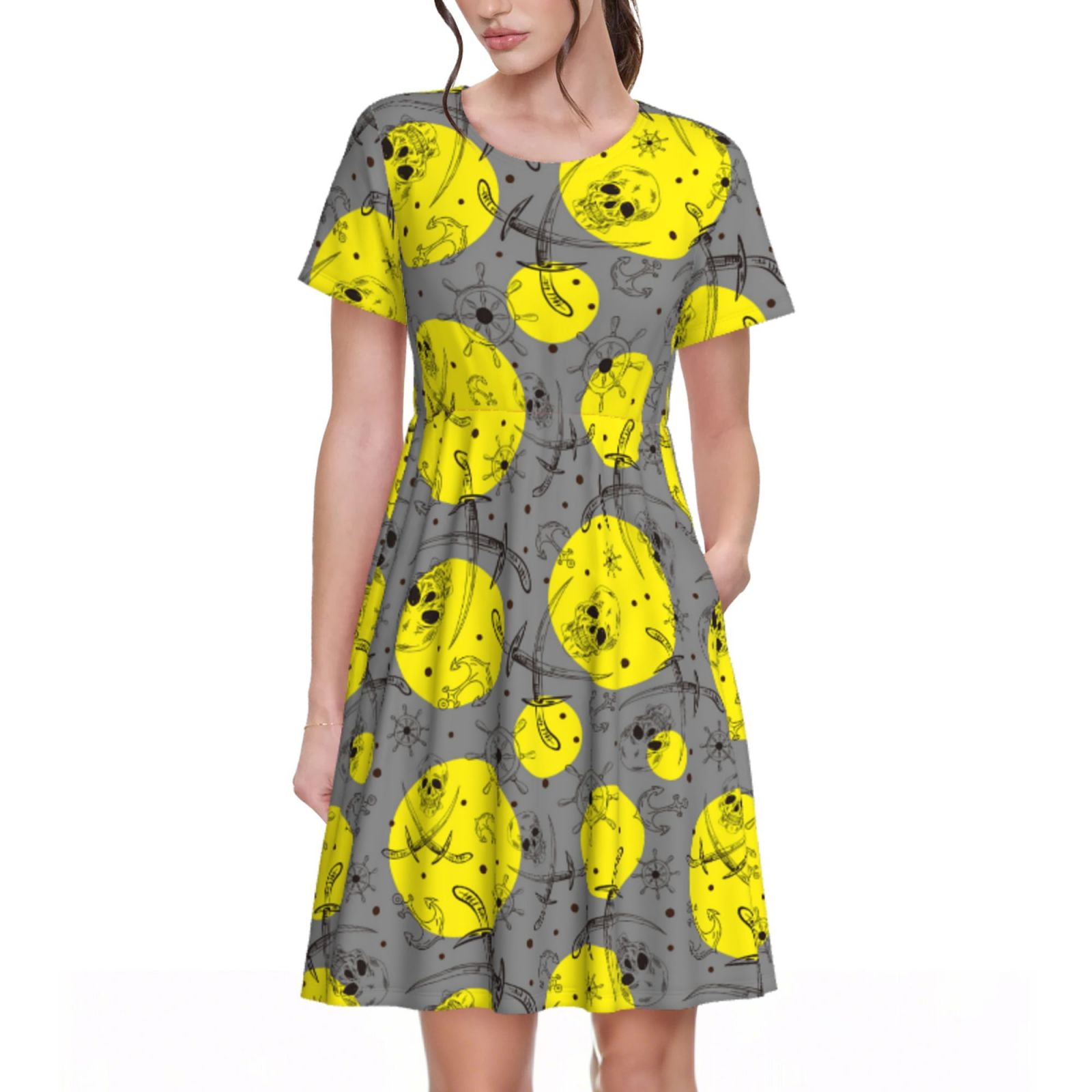 Logiee Pirate Skulls Print Womens Summer Dress,Casual Short Sleeve Sundresses,Beach A-line Shift Dress with Pockets