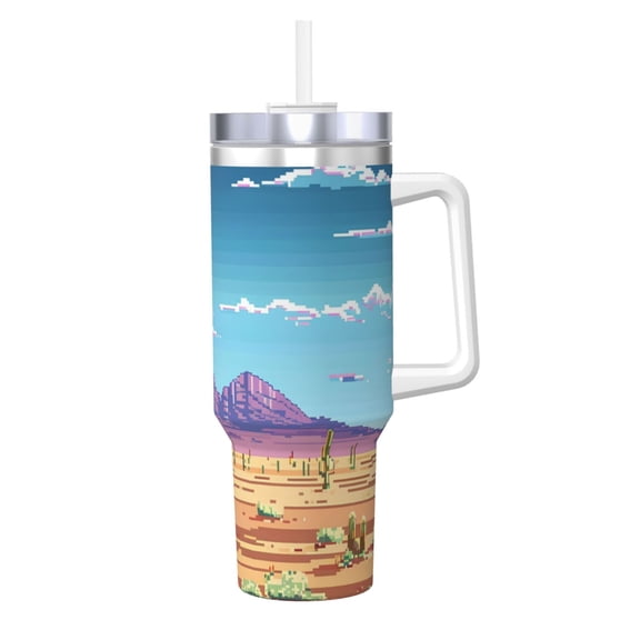 Logiee Pixel Desert Landscape Print 40OZ Ice Bully Cup with Handle and Straw, Double Wall Stainless Steel Tumbler,Travel Coffee Cup with Lid, Summer Insulation and Cooling Cup