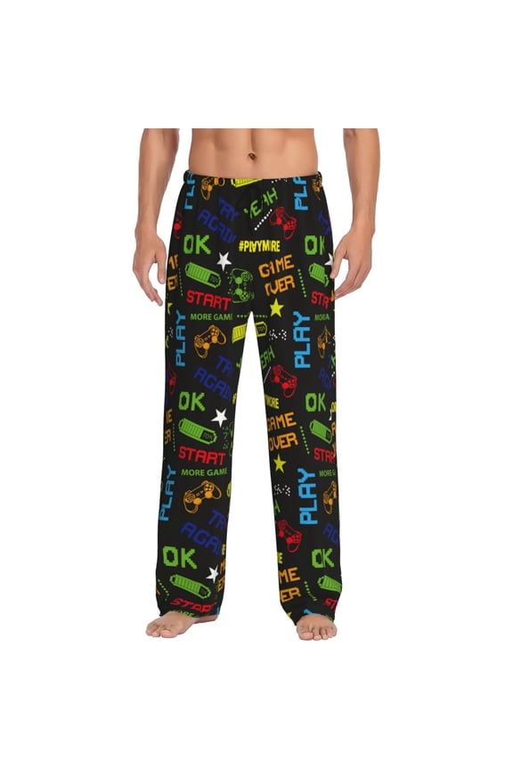 Pixel Game Print Pajama Pants for Men,Men’s Pajama Bottoms,Mens PJ Pants with Pockets & Button Fly-Medium
