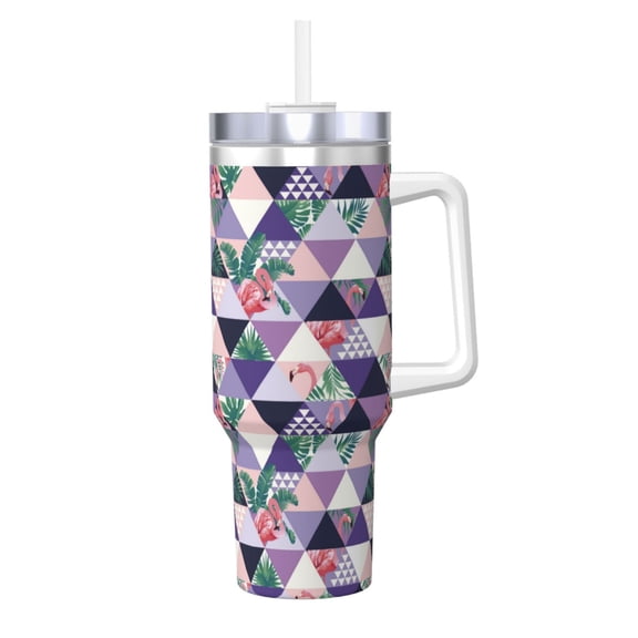 Logiee Plaid Flamingo Print 40OZ Ice Bully Cup with Handle and Straw, Double Wall Stainless Steel Tumbler,Travel Coffee Cup with Lid, Summer Insulation and Cooling Cup
