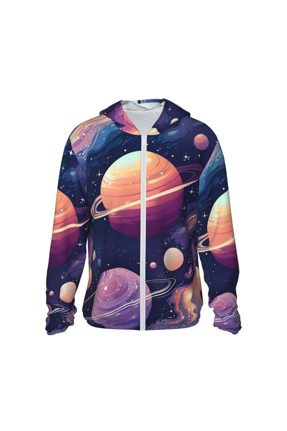 Planet Pastel Galaxy Print Men's Women Light Jacket Full Zip Sun Protection Hoodie Long Sleeve Sun Shirts for Men Hiking Fishing Zip Pockets-X-Large