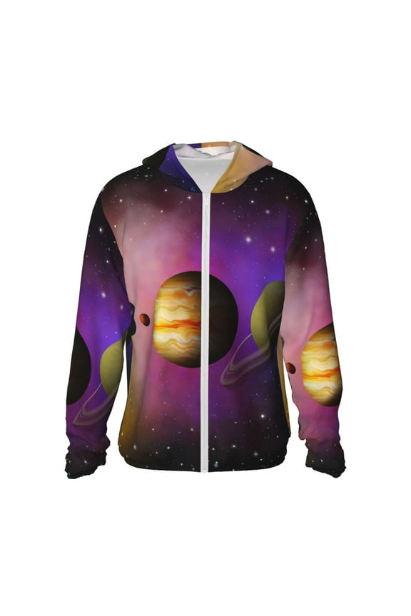 Planets And Stars Print Men's Women Light Jacket Full Zip Sun Protection Hoodie Long Sleeve Sun Shirts for Men Hiking Fishing Zip Pockets-Small