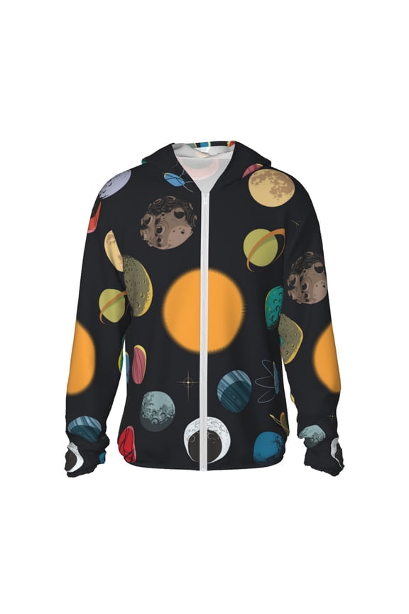 Planets And Their Moons Print Men's Women Light Jacket Full Zip Sun Protection Hoodie Long Sleeve Sun Shirts for Men Hiking Fishing Zip Pockets-X-Large