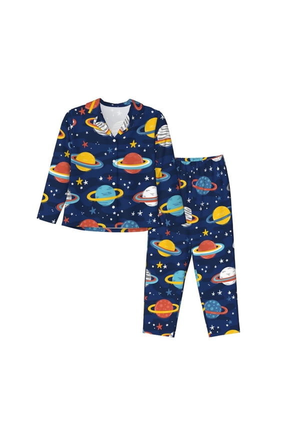 Planets and Stars Print Womens Pajamas Set,Long Sleeve Sleepwear,Button Down Lounge Set 2 Pieces,Soft Nightwear Pjs Set-Medium