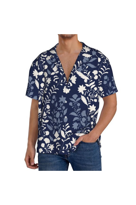 Plant Print Men's Button Down Shirts Short Sleeve, Summer Beach Shirts,Vacation Wedding Shirts,Men's Casual Button-Down Shirts with Pocket-Large