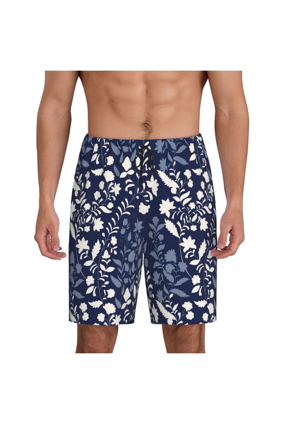 Plant Print Men's Pajama Shorts with Drawstring & Pockets,Sleep Shorts for Men,Sleepwear Bottoms,Elastic Waistband Loungewear-Medium